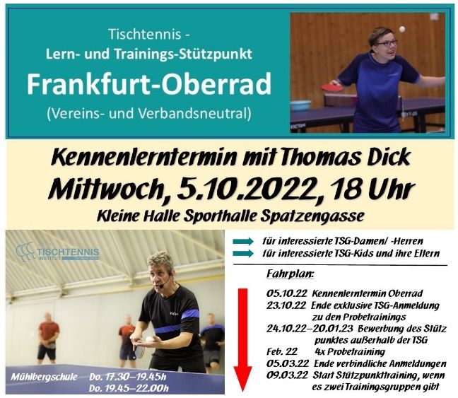 Das Tischtennisinstitut Thomas Dick ist ein professioneller Partner der TSG für den Stützpunkt Oberrad in der Mühlbergschule